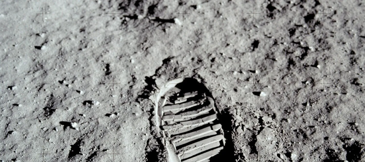 Apollo 11 Lunar Module Pilot Buzz Aldrin's bootprint. Aldrin photographed this bootprint about an hour into their lunar extra-vehicular activity on July 20, 1969, as part of investigations into the soil mechanics of the lunar surface. This photo would later become synonymous with humankind's venture into space.